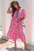 Puff Sleeve Floral Print Contrast Placket Tiered Midi Dress With Pockets